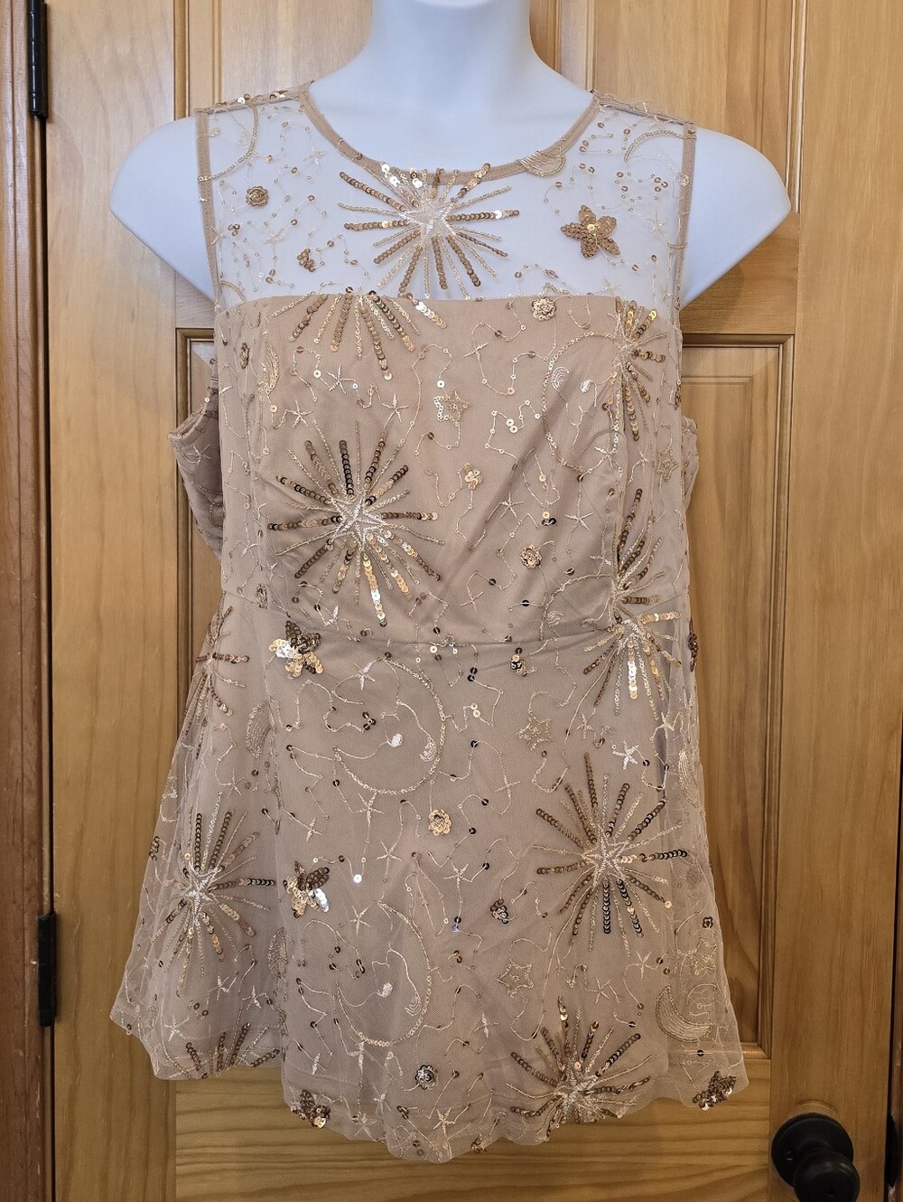 New! Sequim, Shimmer, Sheer, Rose Gold Festive Peplum Cut Torrid Top Blouse